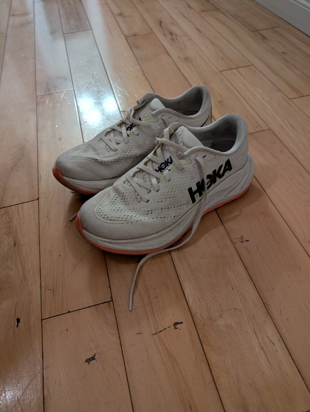 Hoka Women's Running Shoes in White with Coral Accents